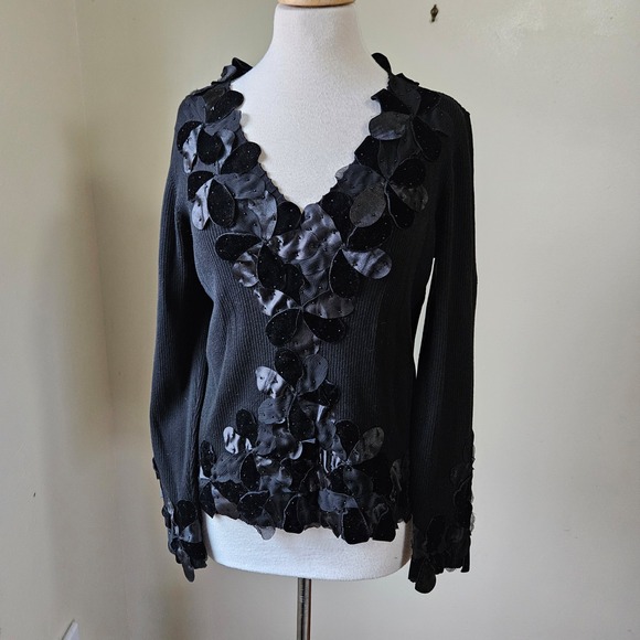 Vintage 90s Y2K Nygard Collection Black Ribbed Embellished Silk Sweater Top L - Picture 1 of 10